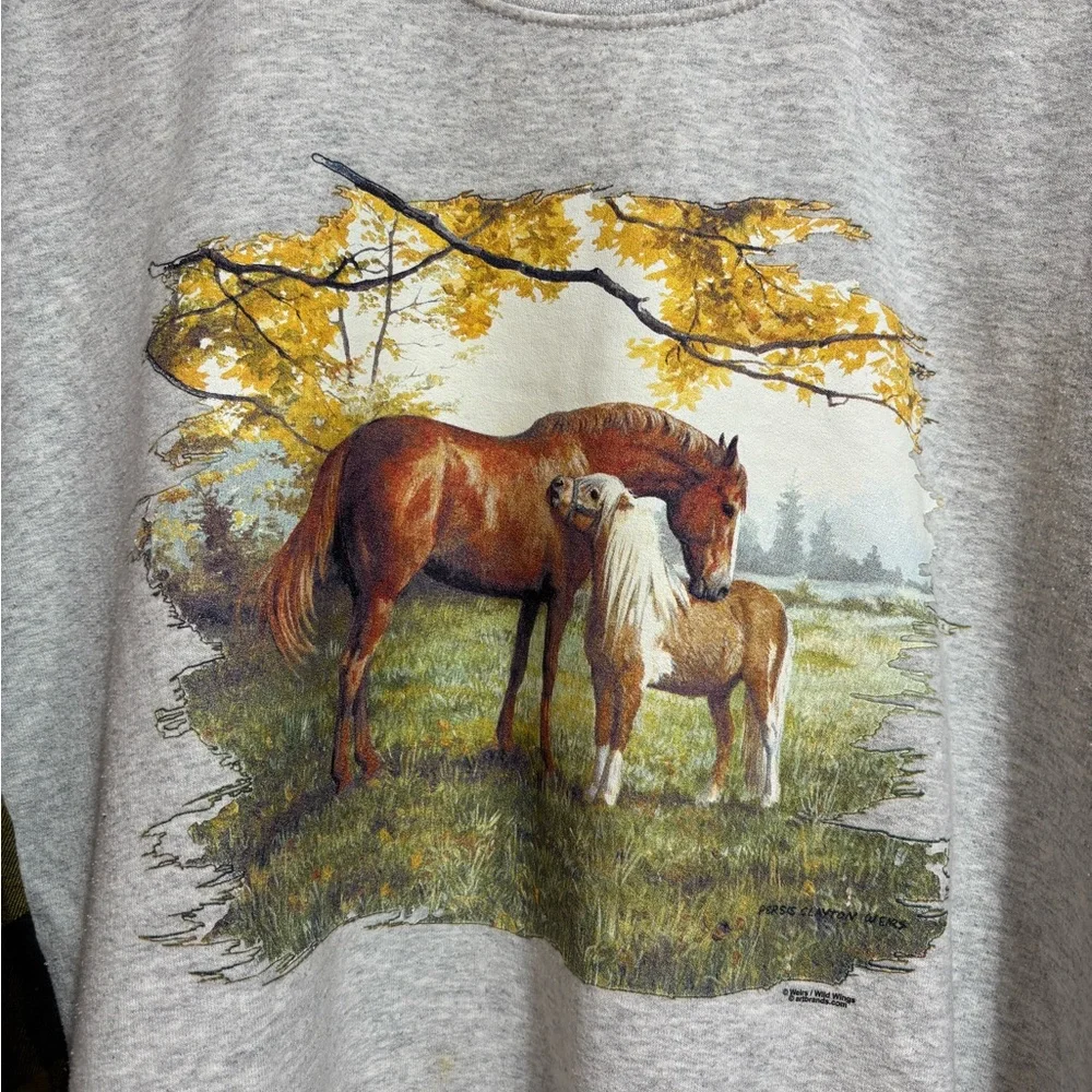 Upcycled Horse Crewneck Sweatshirt with Plaid Sleeves - Picture 3 of 6